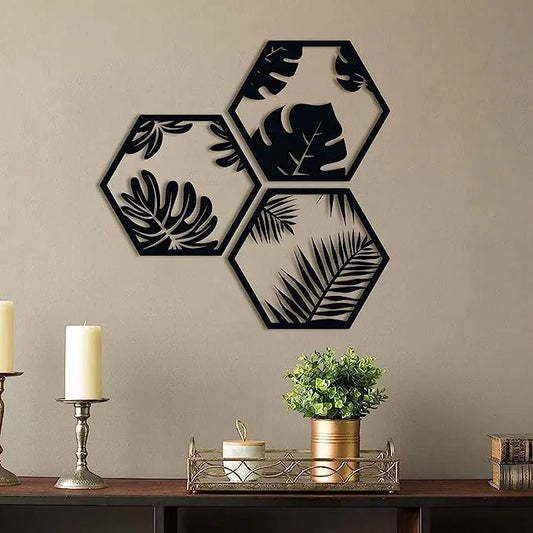 Hexagonal Leaf Pattern Metal Wall Art - Elegant Botanical Decor