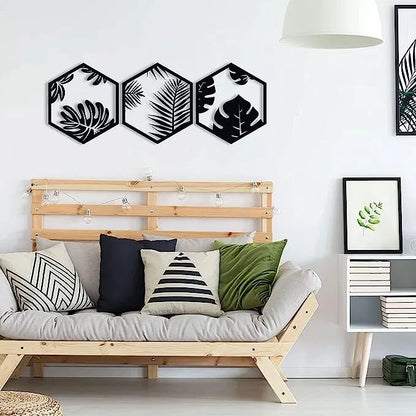 Hexagonal Leaf Pattern Metal Wall Art - Elegant Botanical Decor